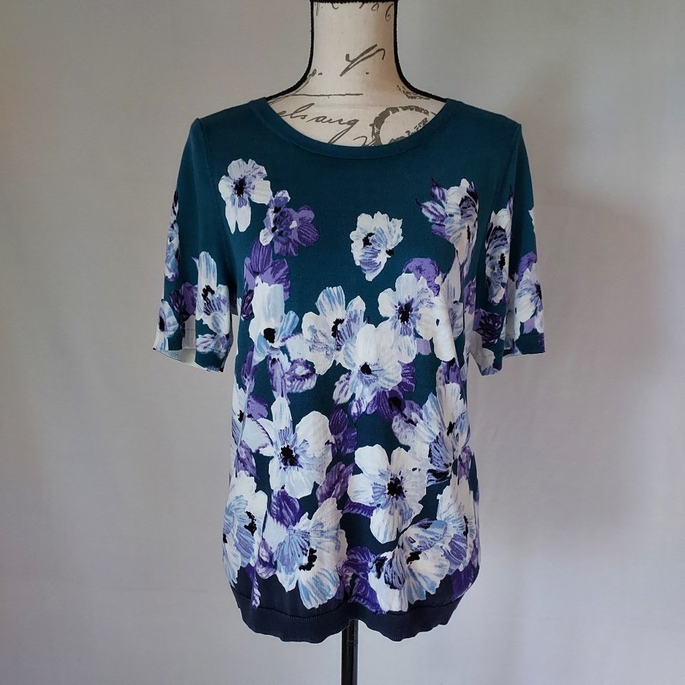 Talbots Knit Top Short Sleeve Crew Neck Floral Green Cotton Rayon Blend Women LP
